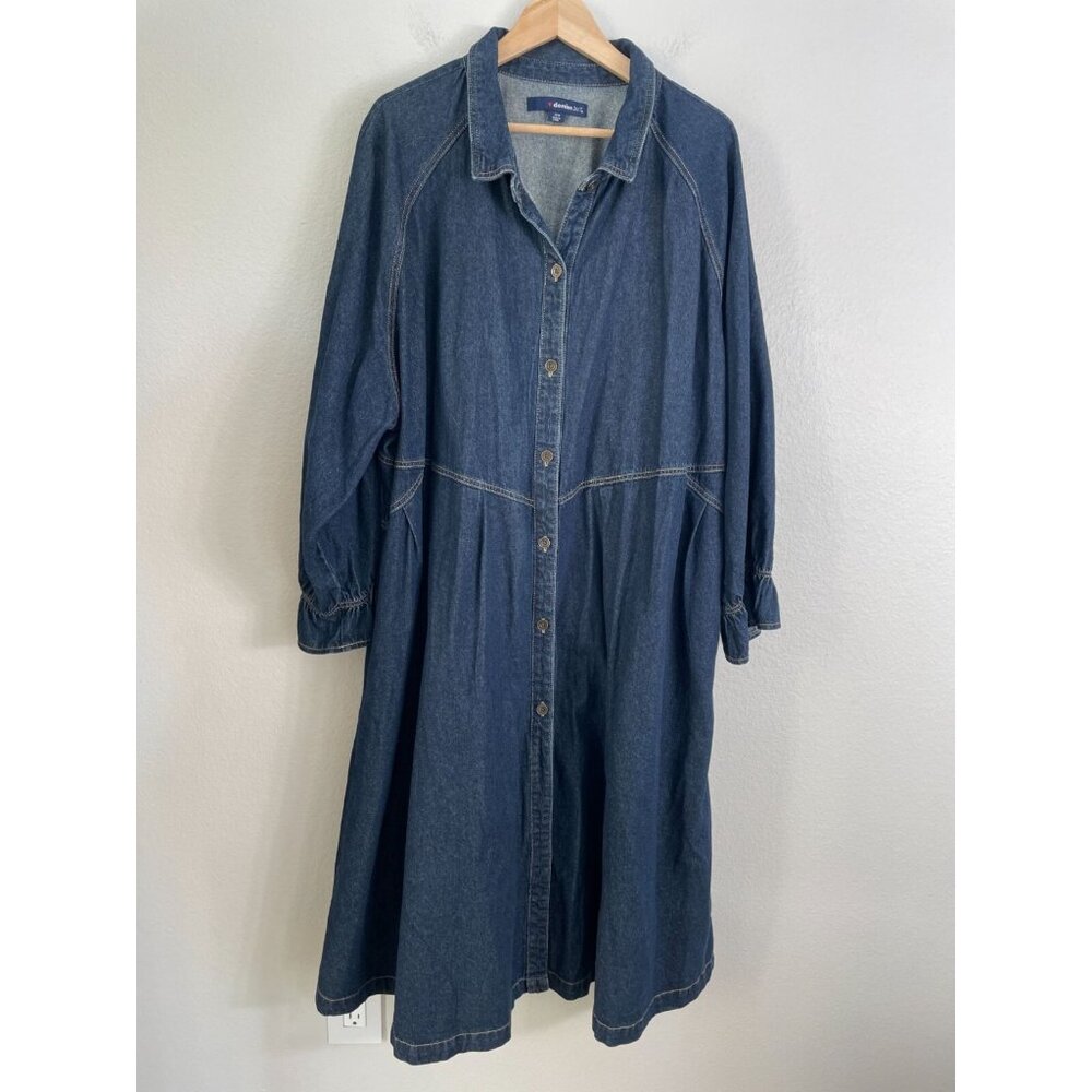 Denim 24/7 Womens Plus 28W Blue Button Up Midi Denim Dress Long Sleeve‎ Pockets